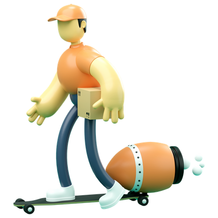 Delivery man riding skateboard  3D Illustration