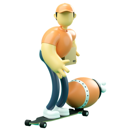 Delivery man riding skateboard 3D Illustration