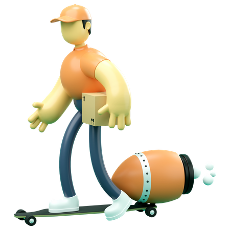 Delivery man riding skateboard 3D Illustration