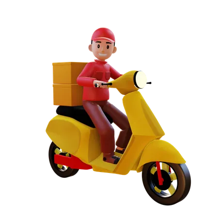 Delivery Man Riding Vespa For Delivery Parcel  3D Illustration