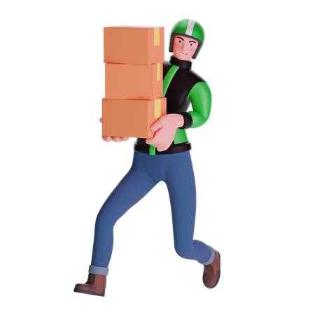 Delivery man running fast holding boxes package 3D Illustration