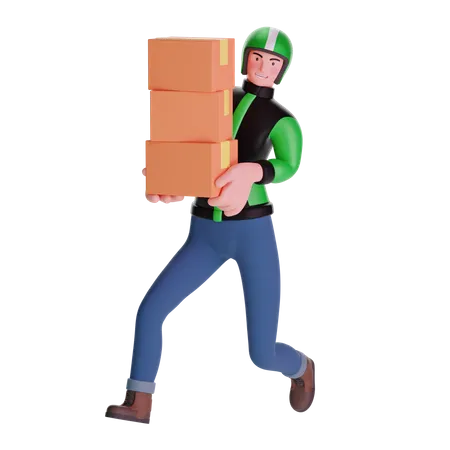 Delivery man running fast holding boxes package  3D Illustration