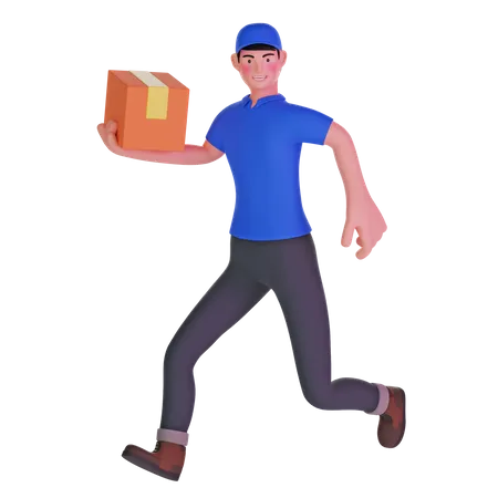 Delivery man running fast holding cardboard package  3D Illustration