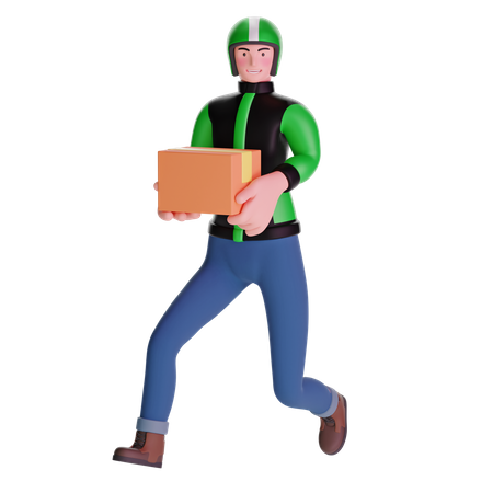 Delivery man running fast holding package 3D Illustration