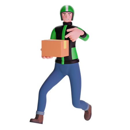 Delivery man running fast pointing and holding package  3D Icon