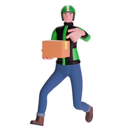 Delivery man running fast pointing and holding package 3D Illustration