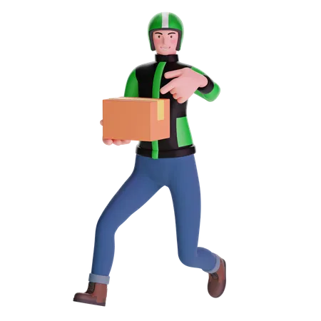 Delivery man running fast pointing and holding package  3D Illustration