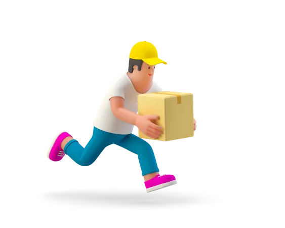 Delivery Man running fast with delivery package 3D Illustration