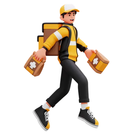 Delivery Man Running With Food Order  3D Illustration