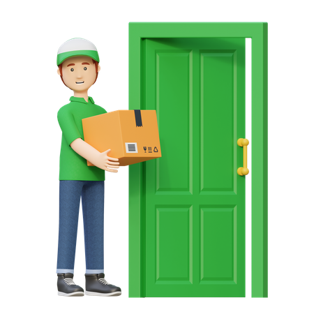 Delivery man sending box package in front of door  3D Illustration