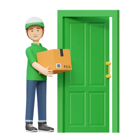Delivery man sending box package in front of door  3D Illustration