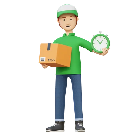Delivery Man Sending Package Box In Time 3 D Cartoon Illustration 3D Illustration