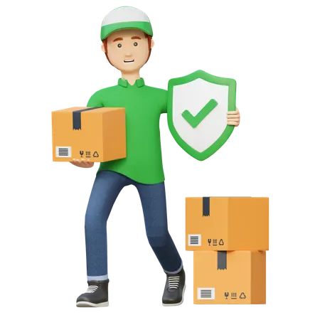 Delivery man sending package box with insurance protection  3D Illustration