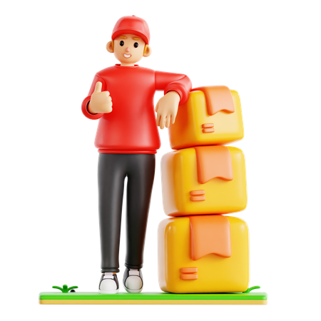 Delivery Man Showing Thumbs Up While Standing With Boxes  3D Icon