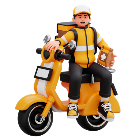 Delivery Man Sitting On Motorbike  3D Illustration