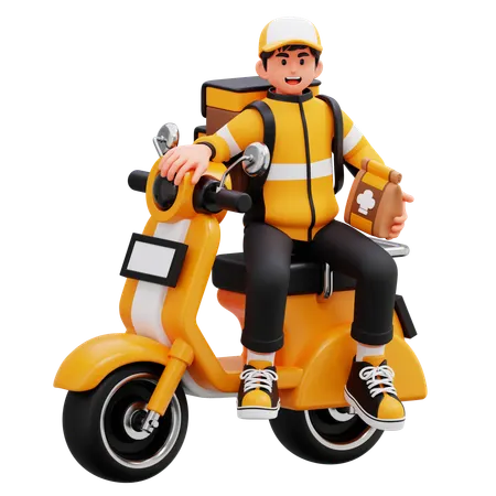 Delivery Man Sitting On Motorbike  3D Illustration