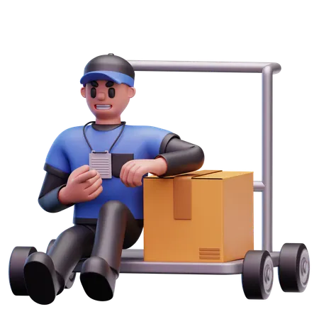 Delivery Man Sitting With Box Cart  3D Icon