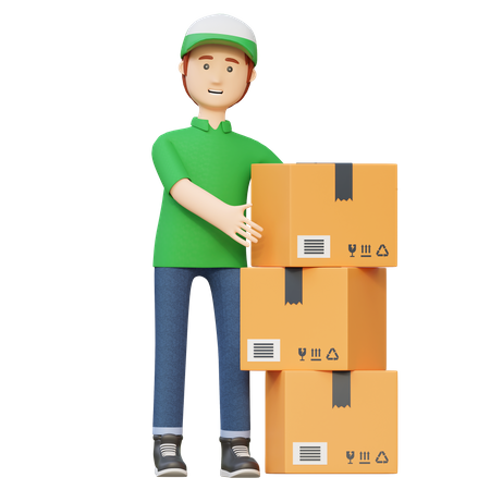 Delivery man standing beside package box  3D Illustration