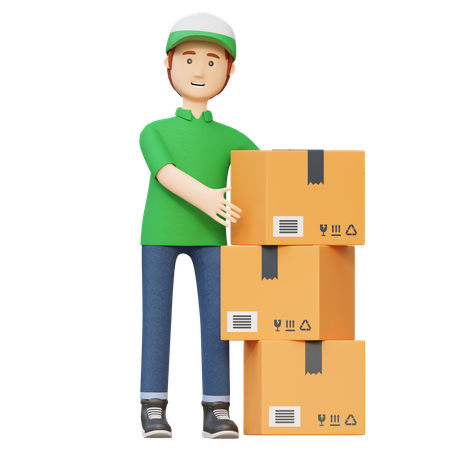 Delivery man standing beside package box  3D Illustration