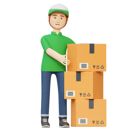 Delivery man standing beside package box  3D Illustration