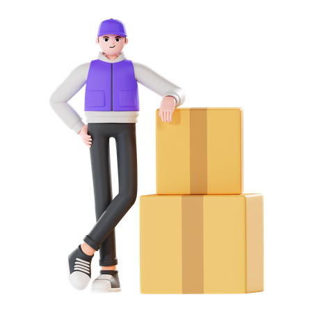 Delivery Man standing with delivery box  3D Illustration