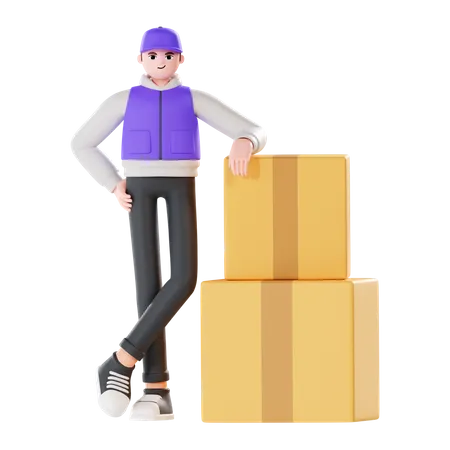 Delivery Man standing with delivery box  3D Illustration