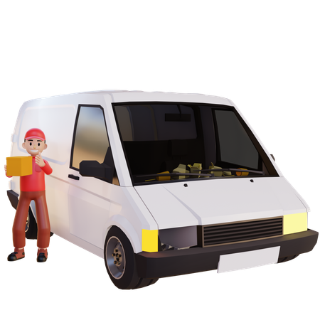 Delivery Man Standing With Delivery Van  3D Illustration