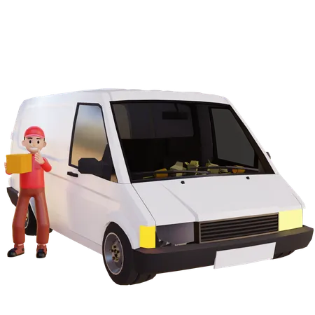 Delivery Man Standing With Delivery Van  3D Illustration