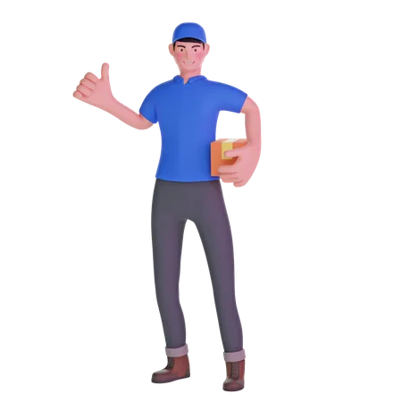 Delivery Man In Uniform With Thumbs Up Gesture While Carrying Package On Transparent Background 3 D Illustration 3D Illustration