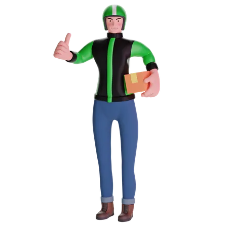 Delivery Man In Uniform Jacket With Thumbs Up Gesture While Carrying Package On Transparent Background 3 D Illustration 3D Illustration