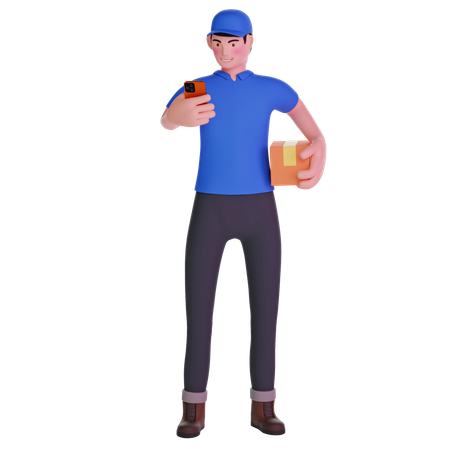 Delivery man Using Phone with Box in Hands  3D Illustration