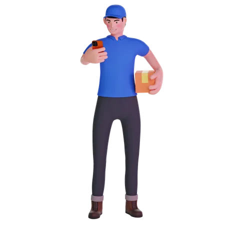 Delivery man Using Phone with Box in Hands 3D Illustration