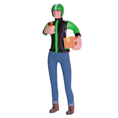 Delivery man Using Phone with Box in Hands 3D Illustration