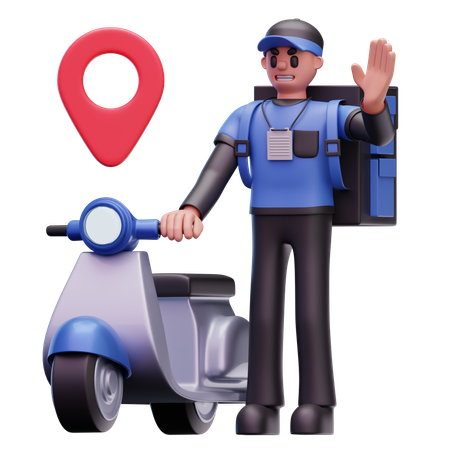 Delivery Man Waving Hand While Standing With Scooter  3D Icon