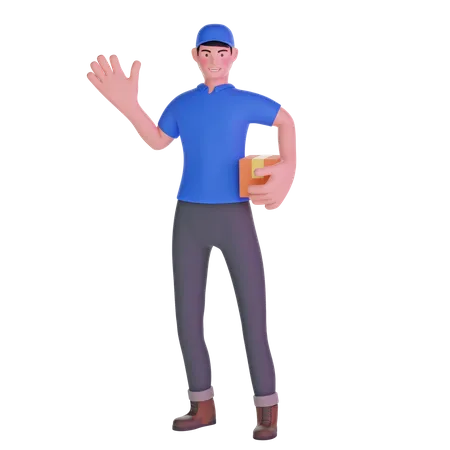 Delivery Man In Uniform Waving While Carrying Package On Transparent Background 3 D Illustration 3D Illustration