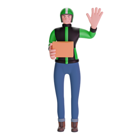 Delivery man waving while carrying package 3D Illustration