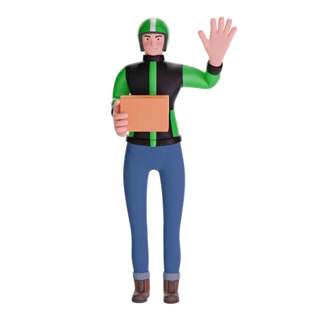 Delivery man waving while carrying package  3D Illustration