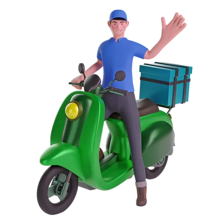 Delivery Man In Uniform Waving While Riding Motorcycle With Delivery Box On Transparent Background 3 D Illustration 3D Illustration