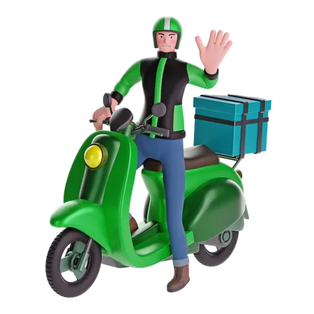 Delivery man waving while riding motorcycle with delivery box  3D Illustration