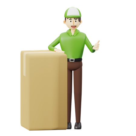 Delivery man with big box and making thumbs up  3D Icon