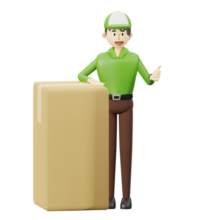 Delivery man with big box and making thumbs up 3D Illustration
