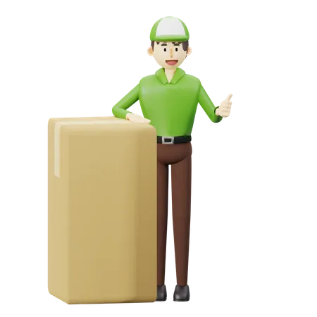 Good Delivery Service Concept Delivery Man Near A Big Box And Making Thumbs Up 3 D Rendering Cartoon Illustration 3D Illustration