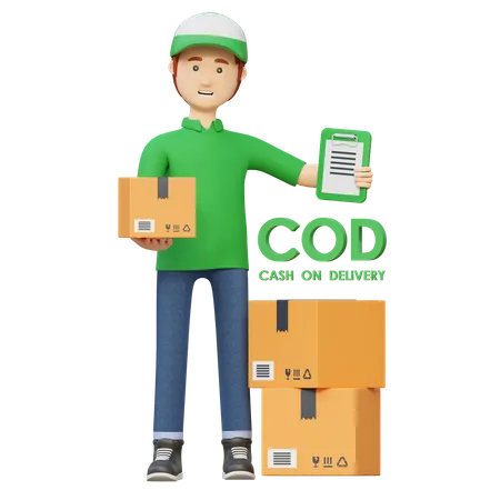 Delivery Man Holding Package Box Cash On Delivery 3 D Cartoon Illustration 3D Illustration
