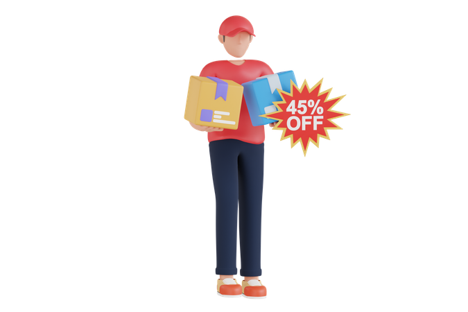 Delivery Man With Delivery Discount  3D Illustration
