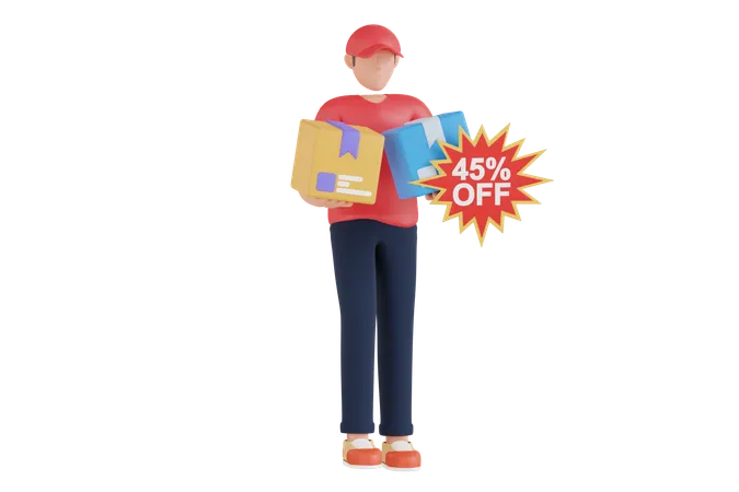 Delivery Man With Delivery Discount  3D Illustration