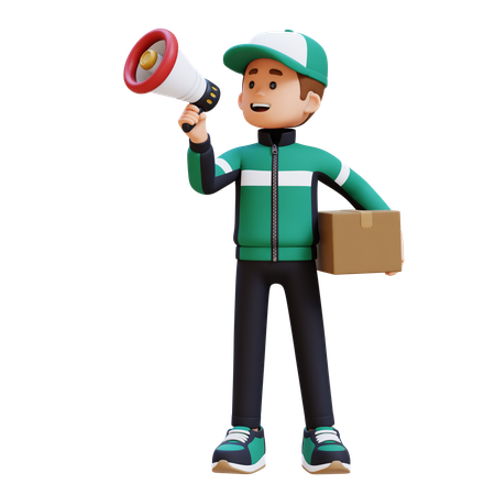 Delivery Man With Megaphone And Package  3D Icon