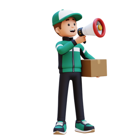 Delivery Man With Megaphone And Package  3D Icon