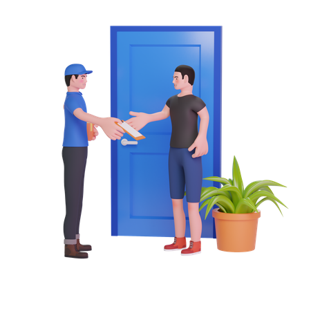 Delivery man with paper boxes giving a document to sign  3D Icon