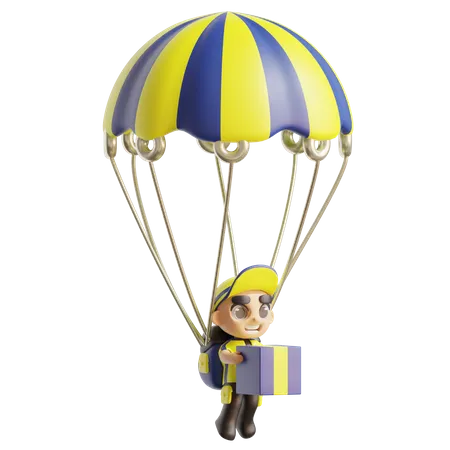 Delivery man with parachute  3D Illustration