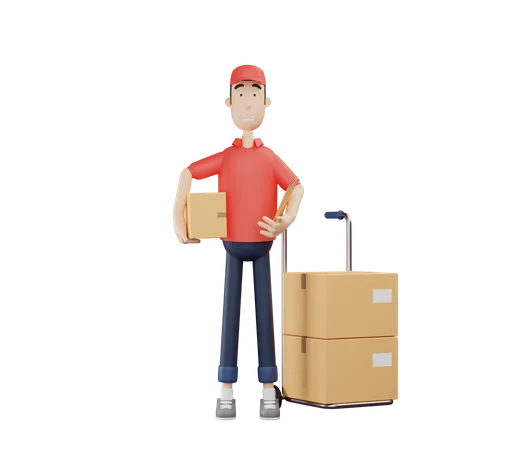 3 D Courier Character Lifting Cardboard Beside Hand Truck 3D Illustration